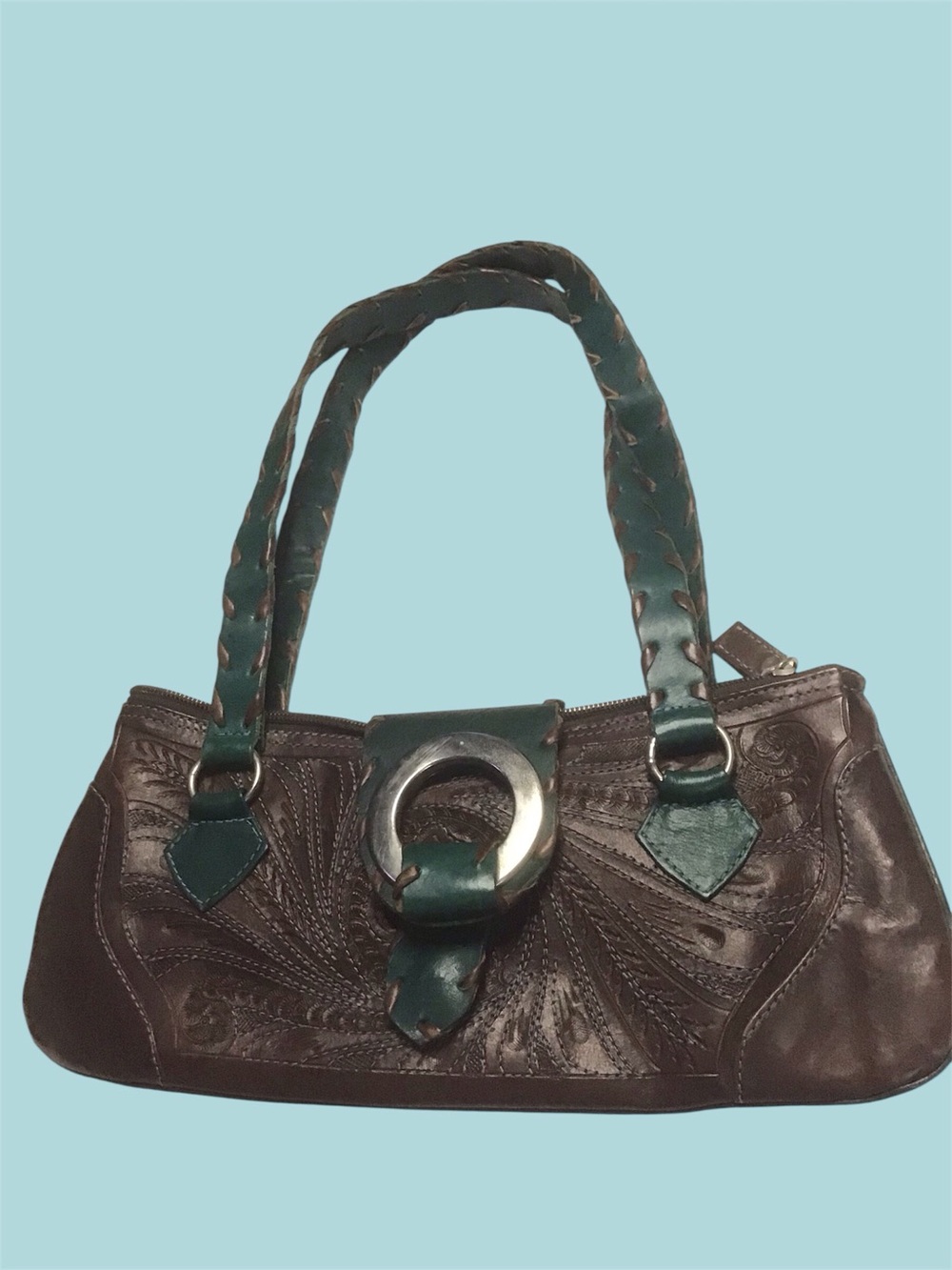 Vintage Teal and Brown Leather Handbag with Decorative Buckle